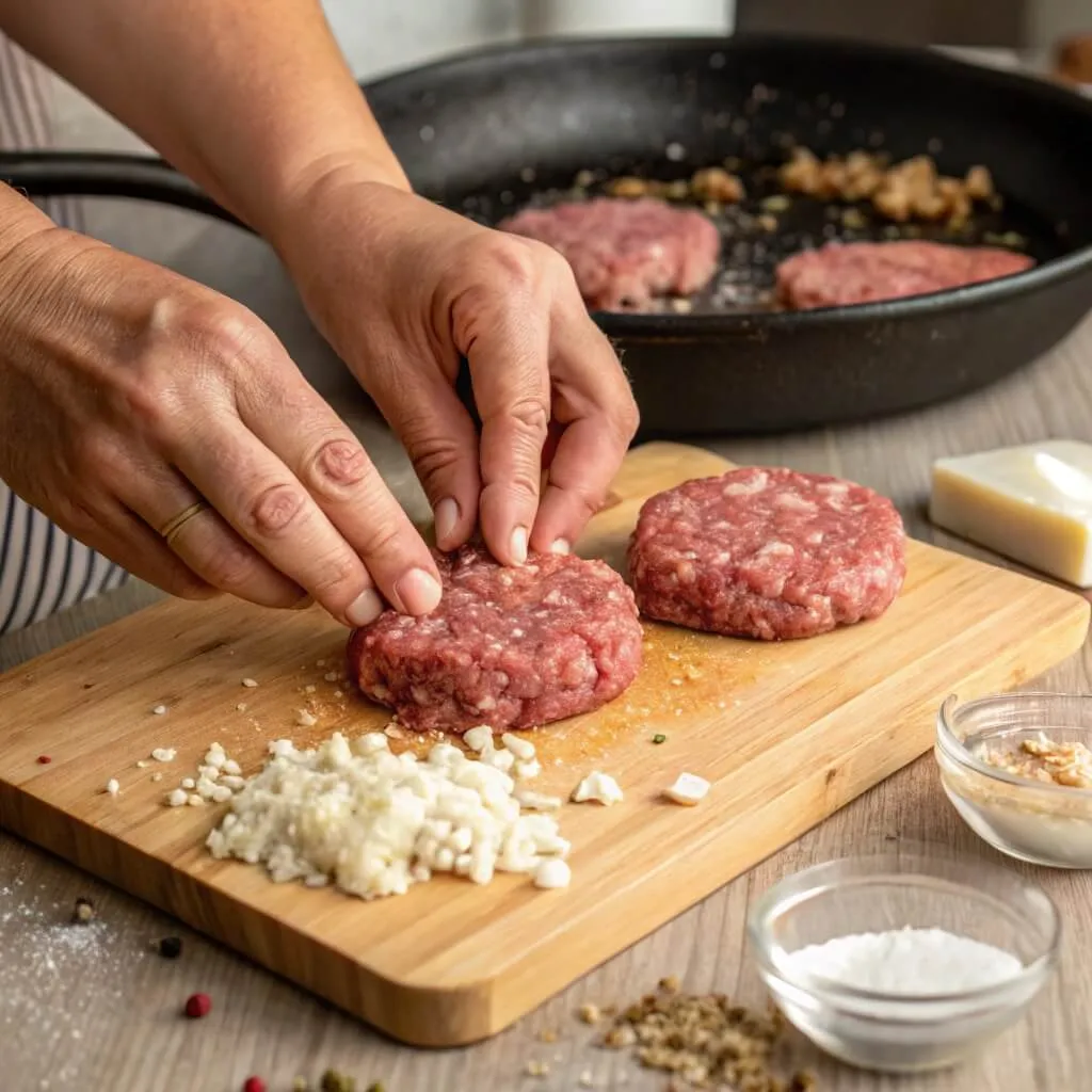 Close-up of hands forming ground beef patties for Salisbury steak, with seasonings and ingredients on a wooden board, preparing for cooking.