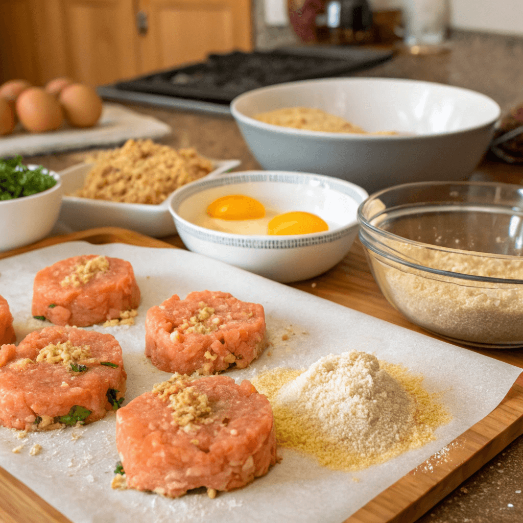 Salmon patty mixture being shaped into small patties, ready for cooking.