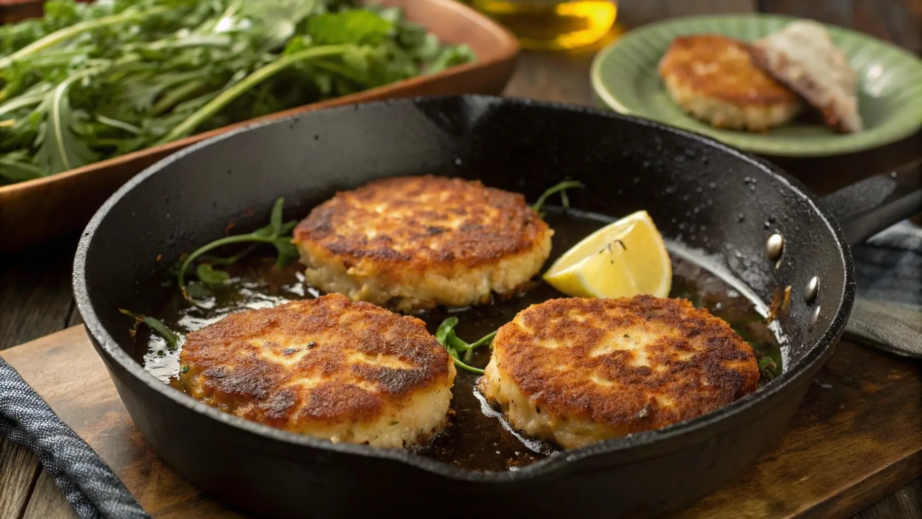 Golden salmon patties sizzling in a skillet, served with fresh greens and a lemon wedge.