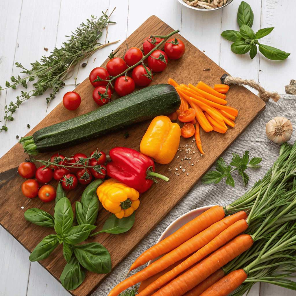 Seasonal vegetables including tomatoes, zucchini, and bell peppers, perfect for chicken thigh pasta.