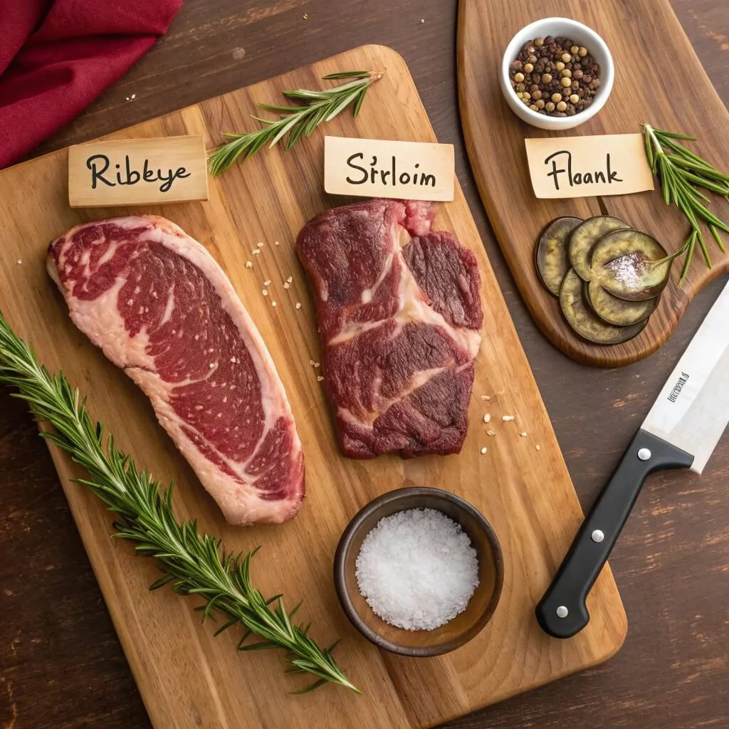 Various cuts of steak (ribeye, sirloin, flank) displayed with labels, showing their marbling and tenderness, ready for chipotle marinade.