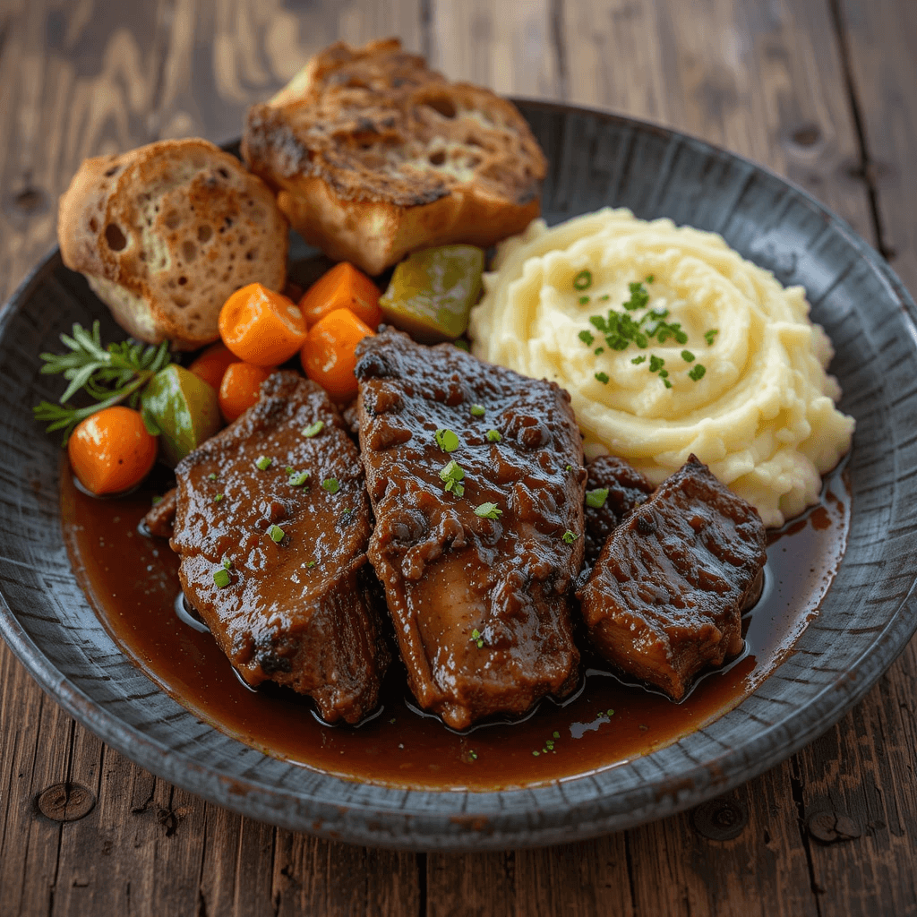 Serving suggestion for slow-cooked beef short ribs with mashed potatoes, roasted vegetables, and crusty bread.