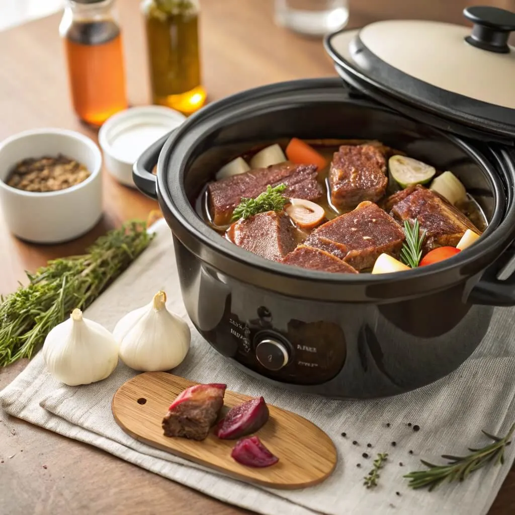 Ingredients layered in a slow cooker for short ribs: garlic, onions, beef short ribs, and broth, ready to be cooked to perfection.