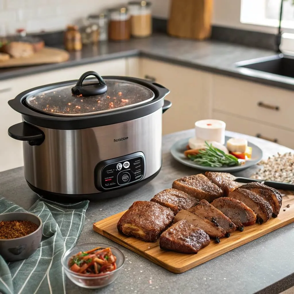 Slow cooker set to 'Low' temperature with timer and beef short ribs ready to cook.