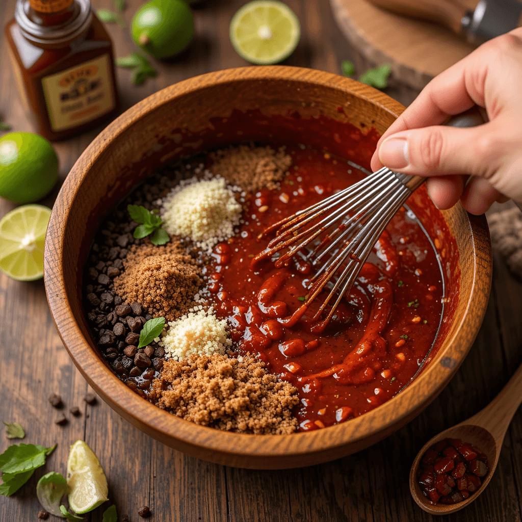 A close-up of a homemade chipotle steak marinade being whisked in a wooden bowl, featuring chipotle peppers, olive oil, garlic, brown sugar, and lime juice.