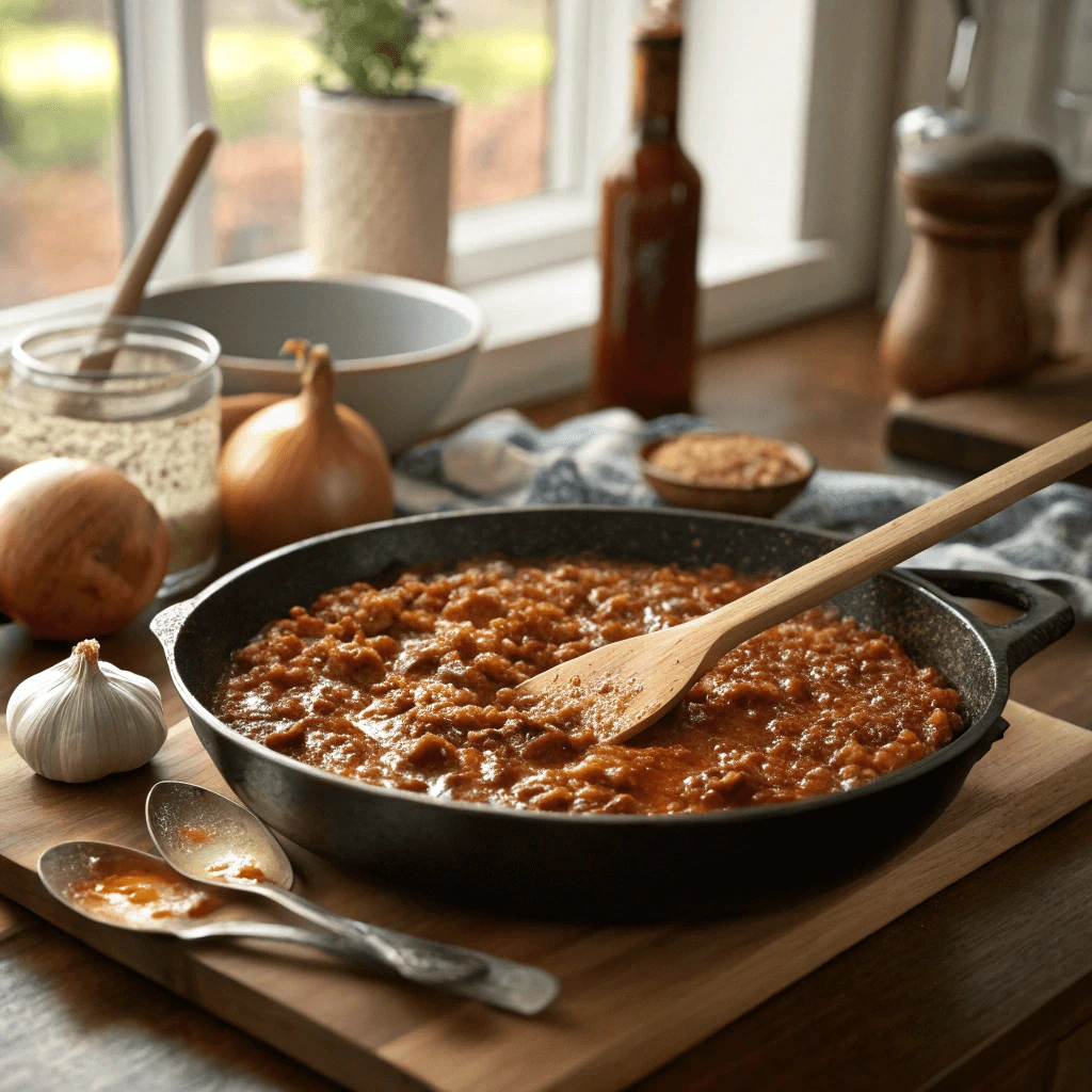 A skillet of rich, tangy Sloppy Joe filling being stirred, surrounded by fresh ingredients.