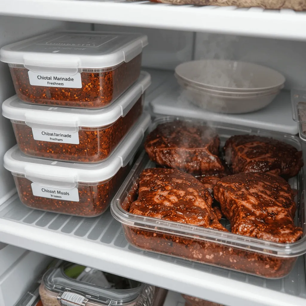 Chipotle steak marinade stored in airtight containers for meal prep, labeled with dates and ready for cooking.

