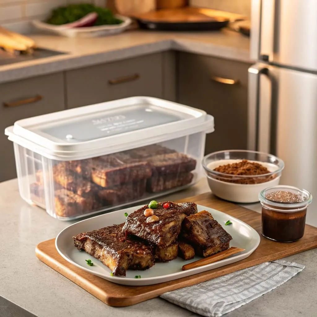 Leftover short ribs stored in an airtight container, ready for refrigeration. A plate of reheated short ribs with sauce is in the background.