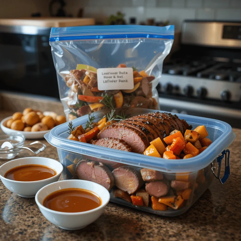 Stored roast beef slices in an airtight container, with bowls of gravy and reheating methods displayed in the background.