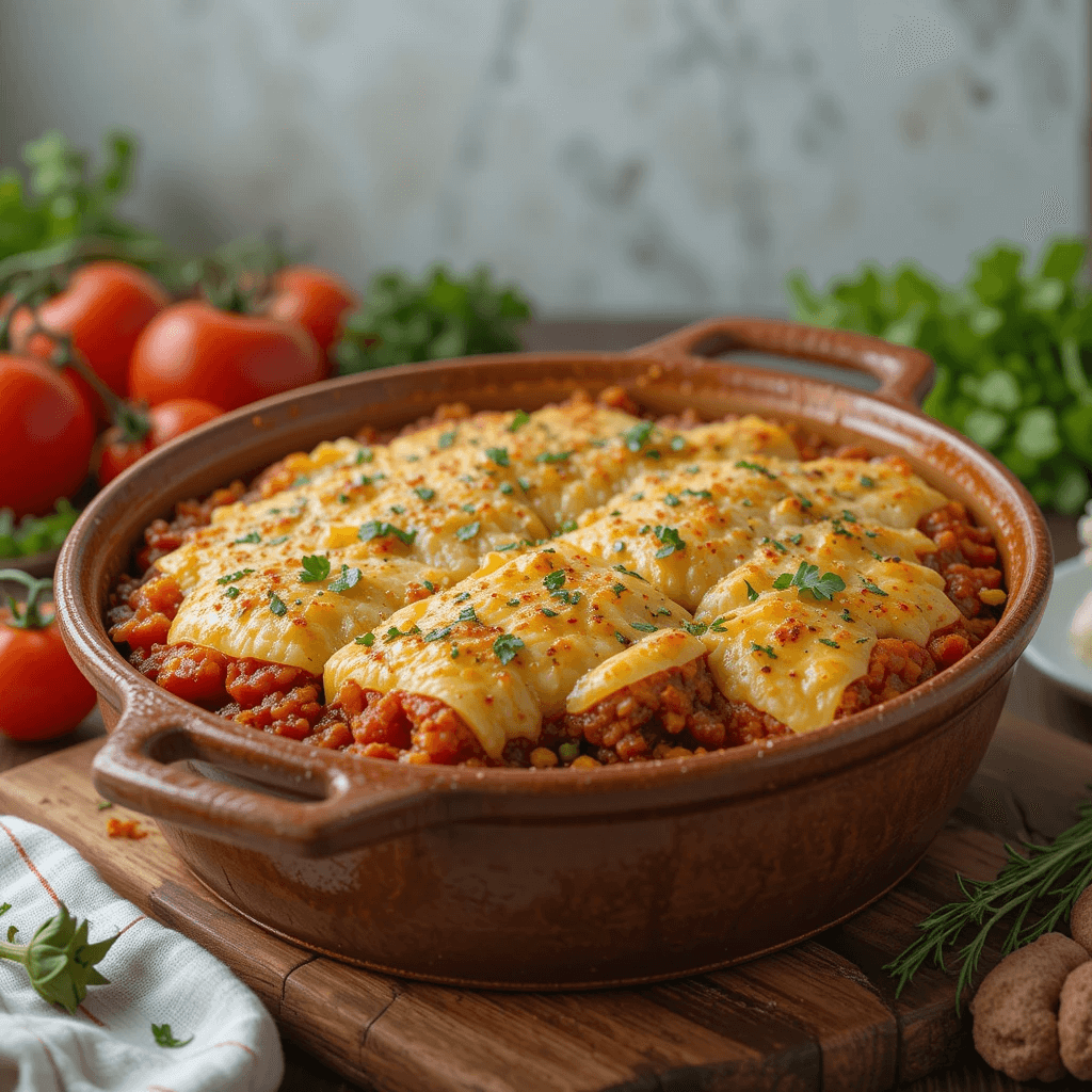 A hearty stuffed cabbage casserole with layers of cabbage, beef, and tomato sauce, topped with melted cheese.