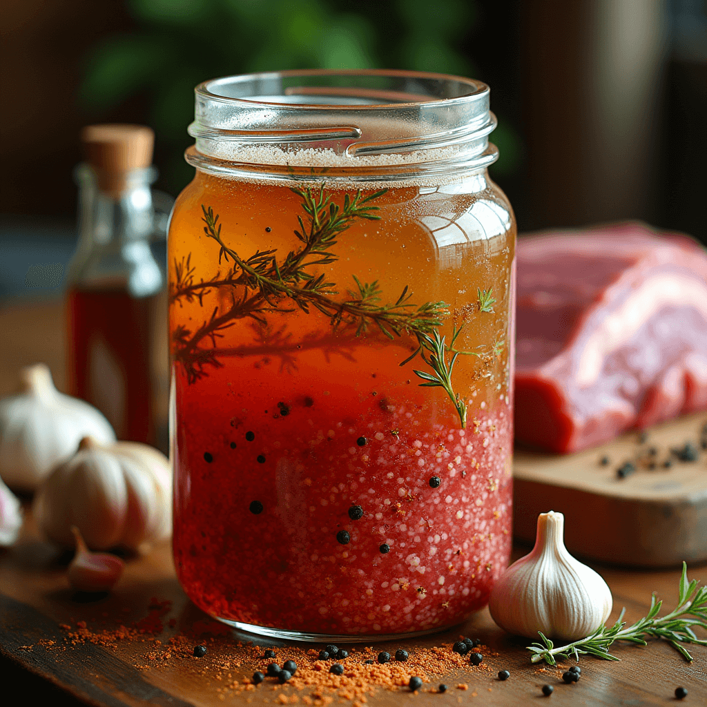 Brine solution for corned beef made from water, kosher salt, brown sugar, and spices like mustard seeds and coriander, dissolving in a pot.