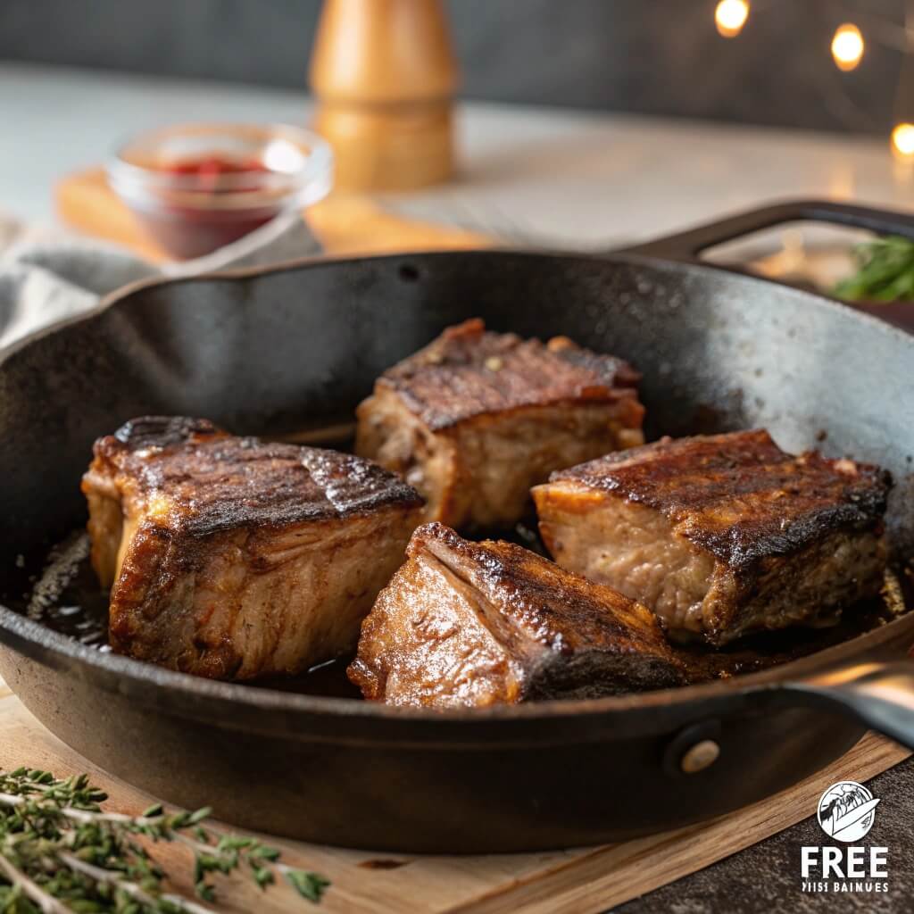  Beef short ribs browning in a hot skillet, with a golden-brown crust forming, ready for slow cooking.