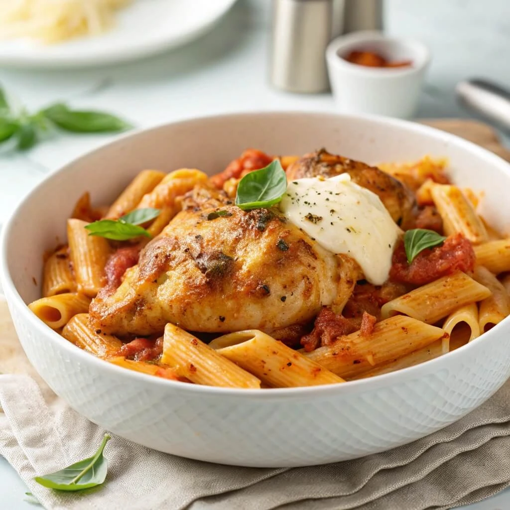 Beginner-friendly chicken thigh pasta with tomato sauce and melted mozzarella.