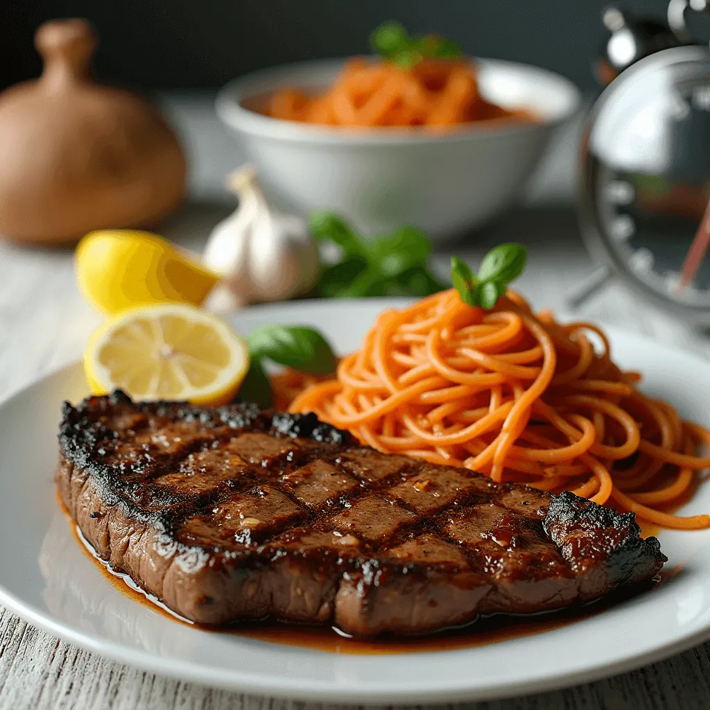 A quick, delicious weeknight meal featuring a juicy beef steak and pasta in a simple sauce, with fresh ingredients on the side.