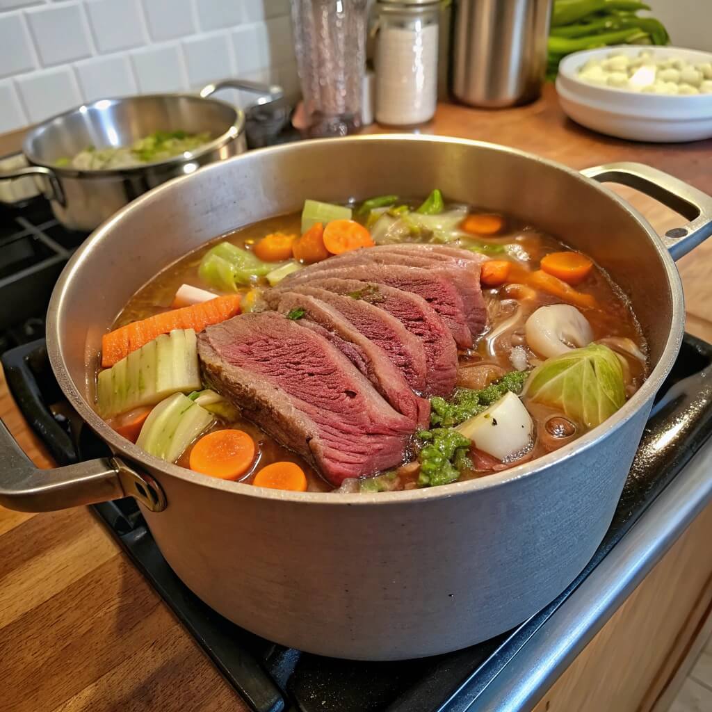 Traditional stovetop corned beef simmering with aromatic vegetables like carrots, onions, and celery in a large pot.