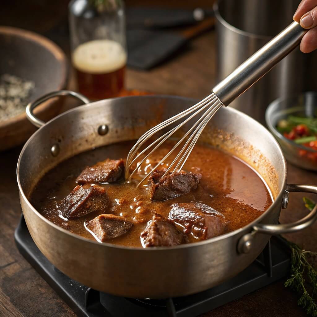 Cooking liquid from slow-cooked short ribs being transformed into a rich, thick gravy in a saucepan.