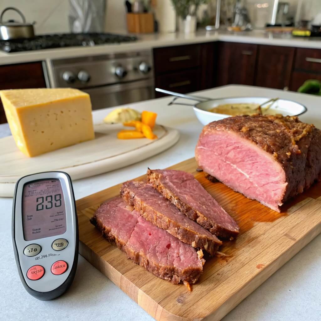 Two pieces of corned beef: one overcooked and dry, and the other tender and juicy, with a meat thermometer and timer.