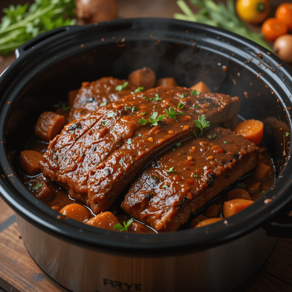 Troubleshooting slow-cooked beef short ribs with a meat thermometer and checking the cooking liquid for proper doneness.