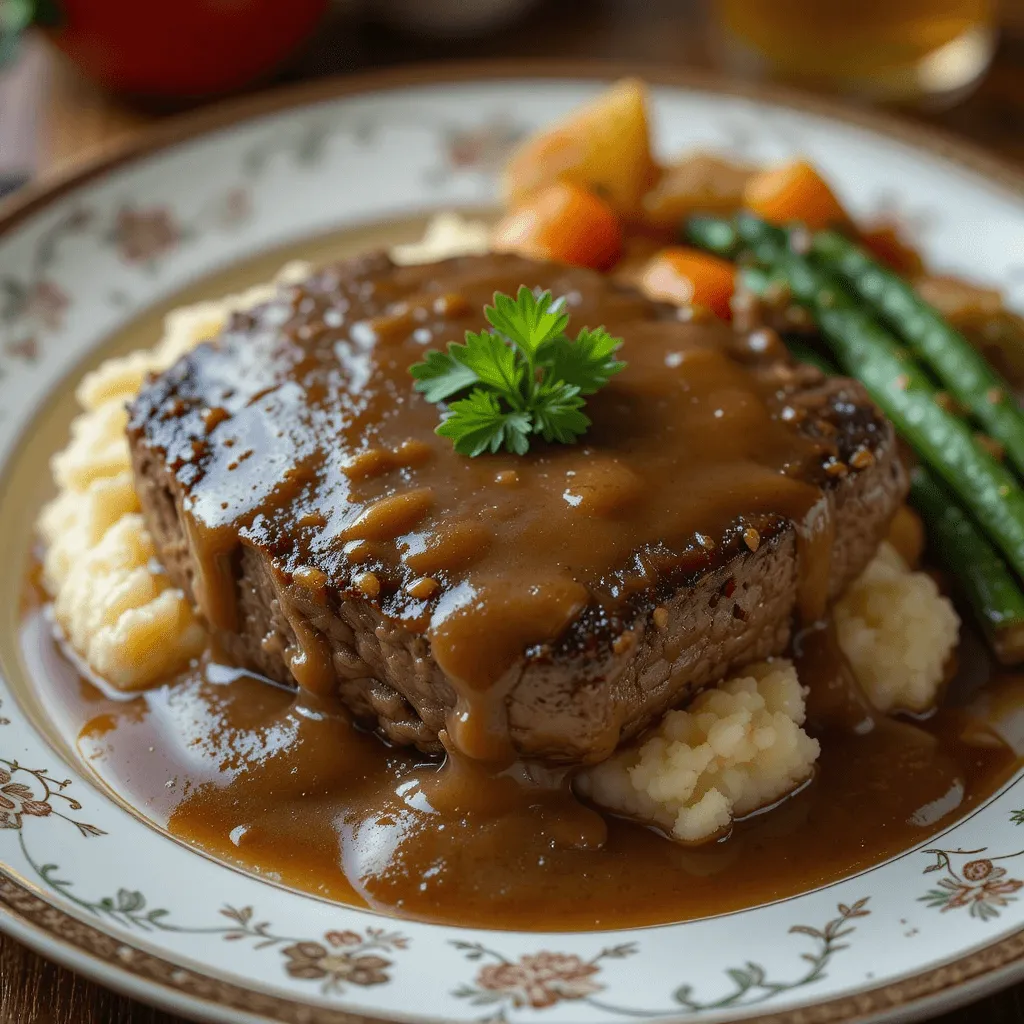 Classic homemade Salisbury steak with gravy, mashed potatoes, and vegetables, highlighting its hearty and comforting American roots.