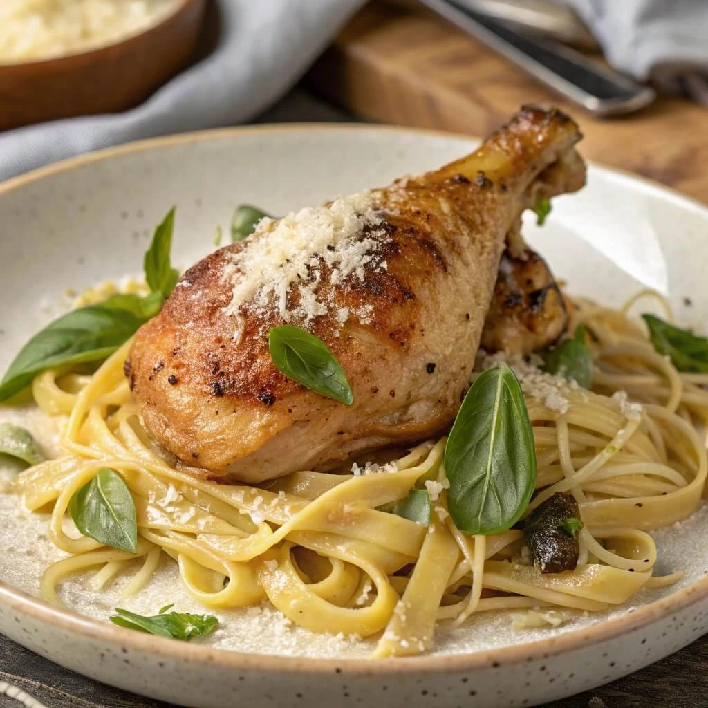 Golden chicken thigh served on creamy pasta, garnished with fresh basil and Parmesan.