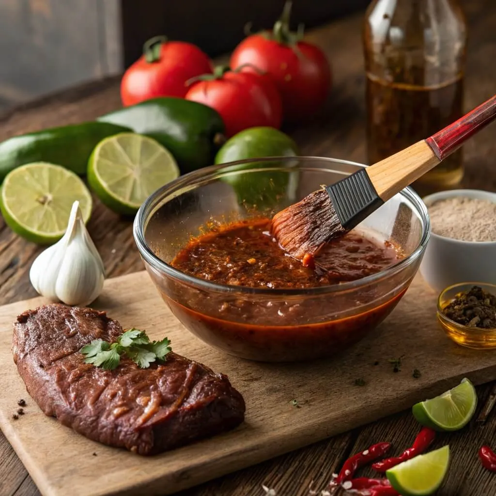 Chipotle peppers, garlic, lime, and brown sugar surrounding a marinating steak, showcasing the key ingredients in a chipotle steak marinade.