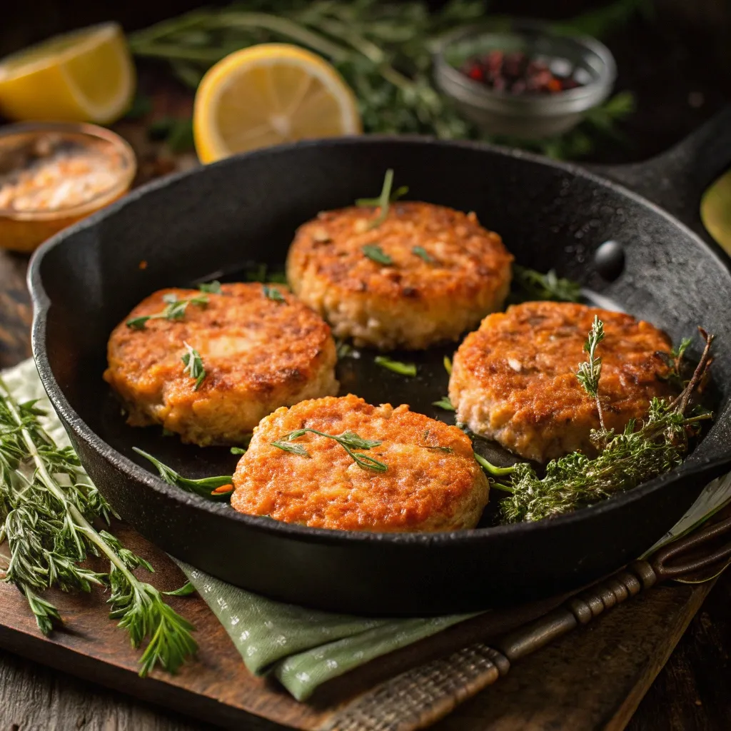 Close-up of golden salmon patties in a skillet, surrounded by fresh herbs and lemons.