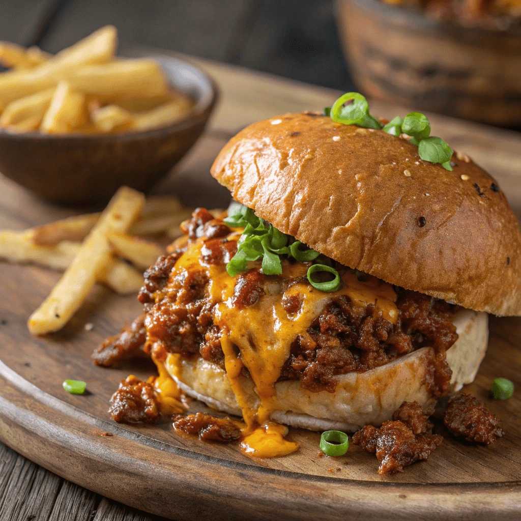 A delicious Sloppy Joe sandwich with tangy sauce, melted cheese, and fries on a rustic plate.