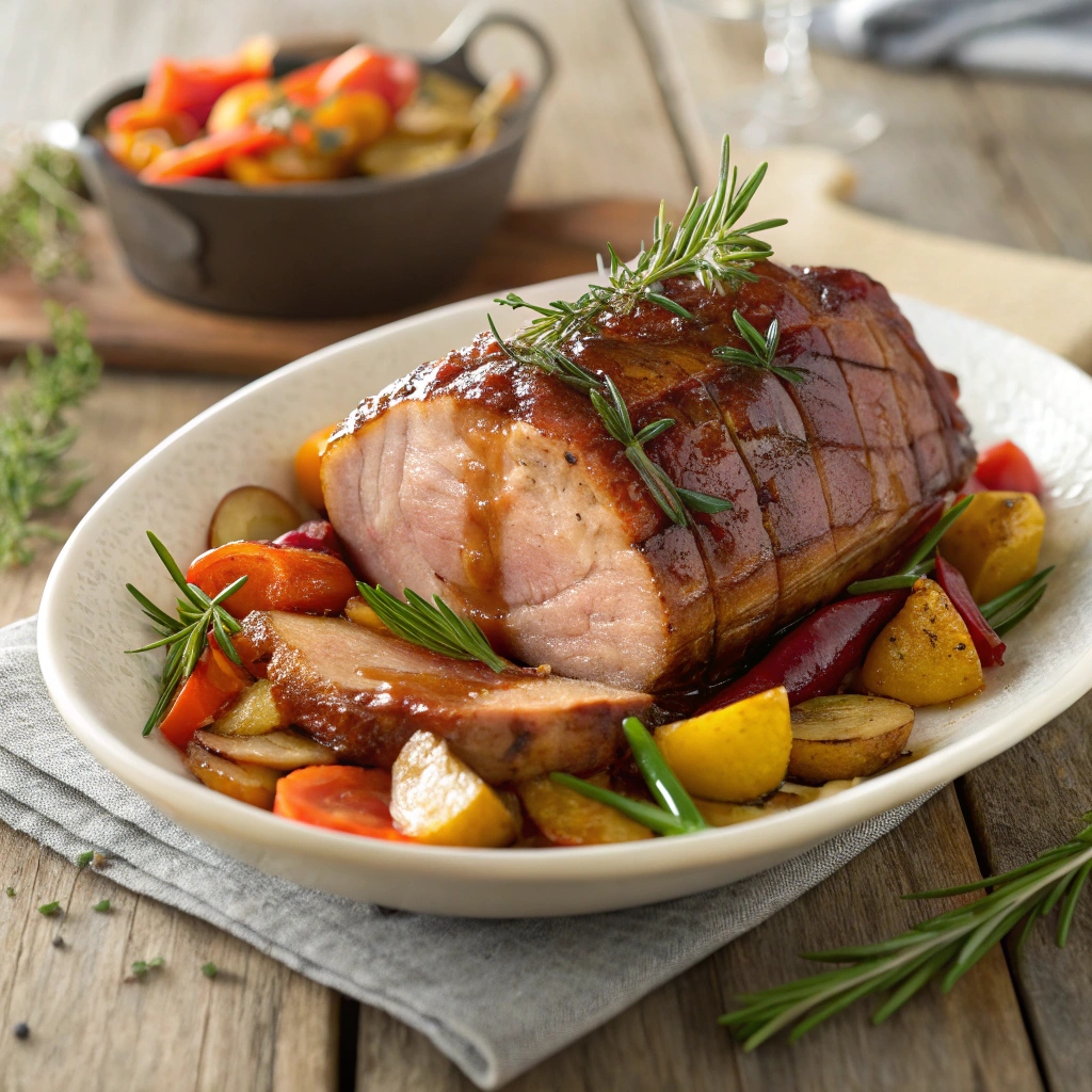 Diet Coke gammon joint served with roasted vegetables