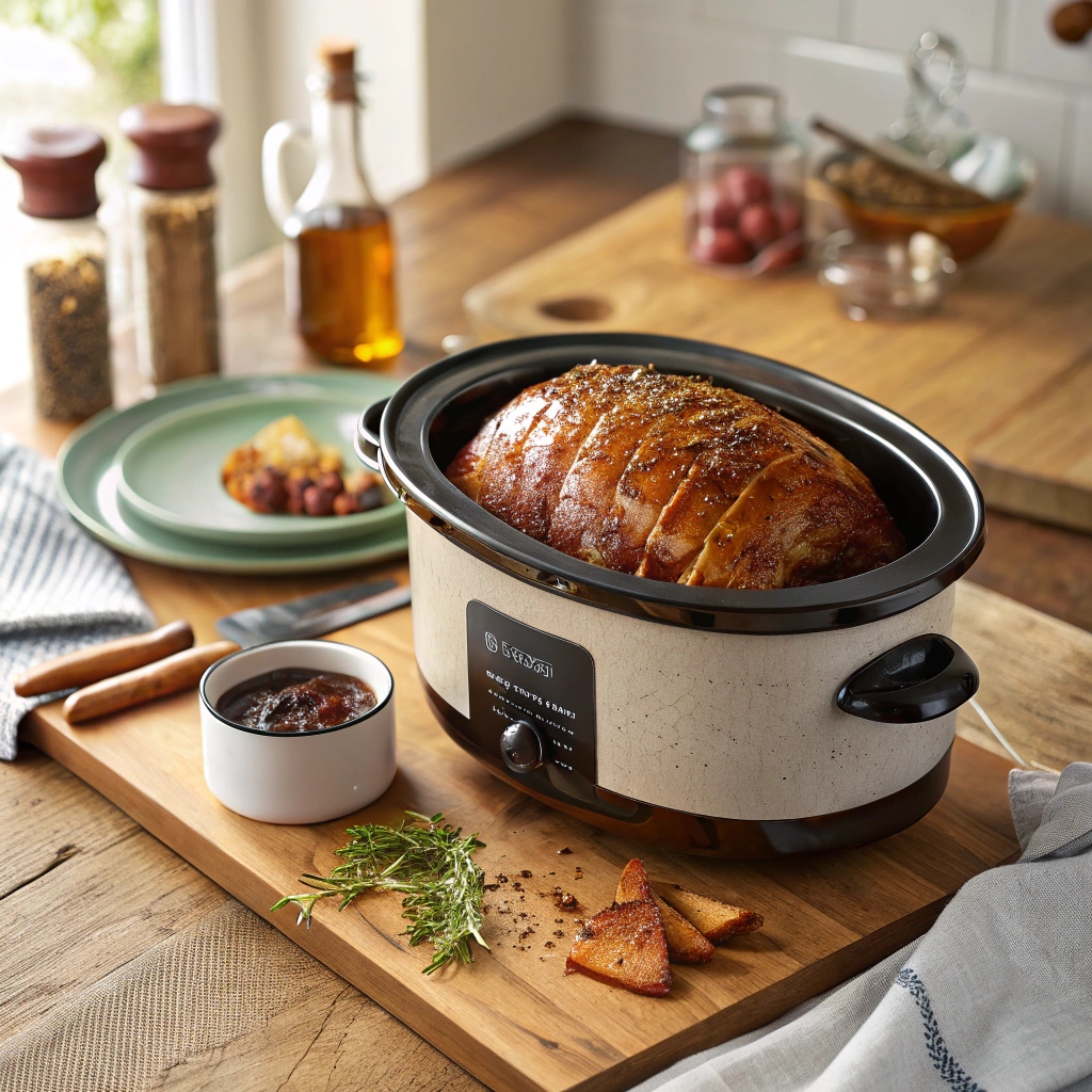 Slow-cooked gammon with Coke glaze and roasted vegetables