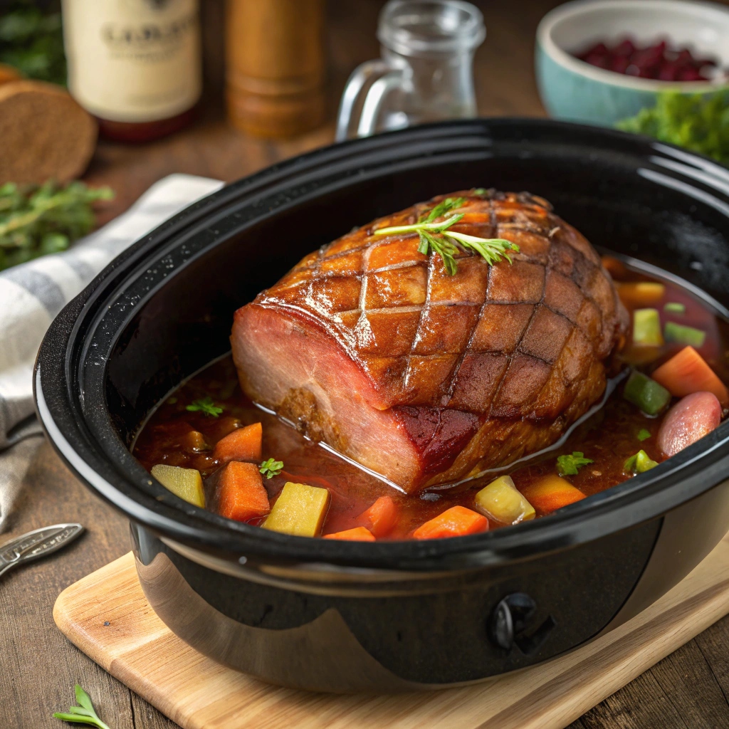 Gammon in slow cooker with Coke surrounded by vegetables