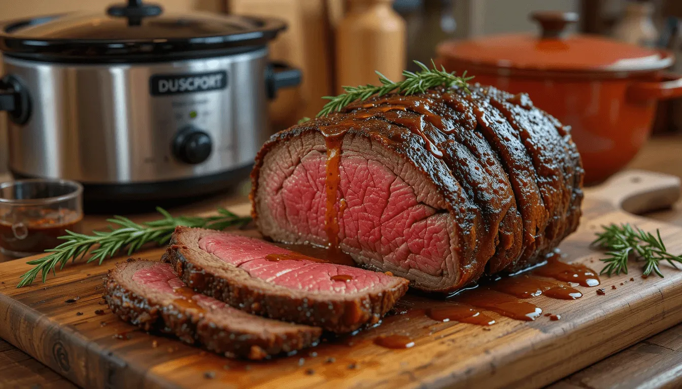 Slow-cooked beef chuck tender roast with a golden crust, sliced on a cutting board, served with mashed potatoes and vegetables.