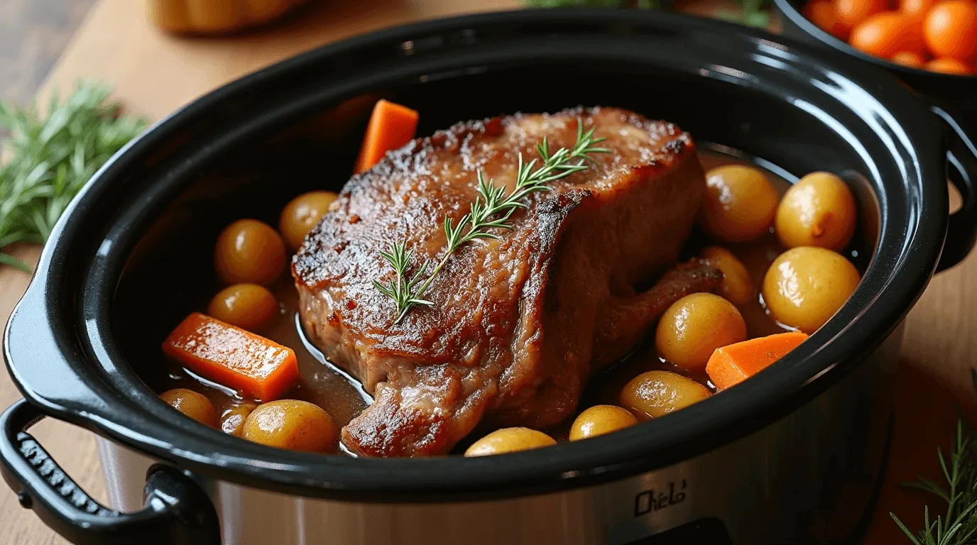 Juicy, tender roast beef with carrots, potatoes, and onions cooked in a slow cooker with a rich gravy.