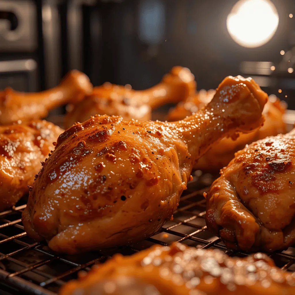 Crispy, golden-brown chicken drumsticks with perfectly cooked skin, resting on a wire rack for even heat distribution.