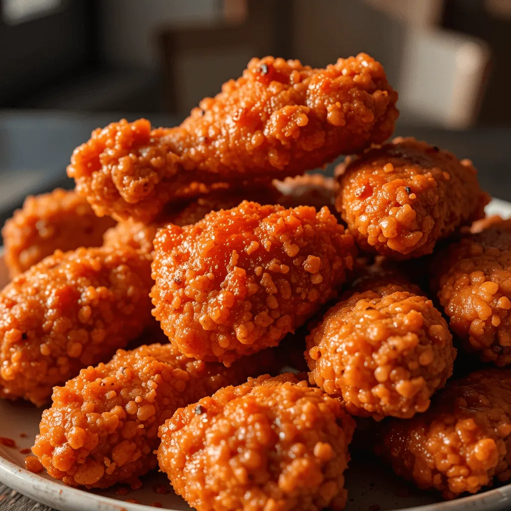 A plate of Nashville hot chicken with a crispy golden-brown crust, glazed with a fiery red sauce, glowing under warm light.