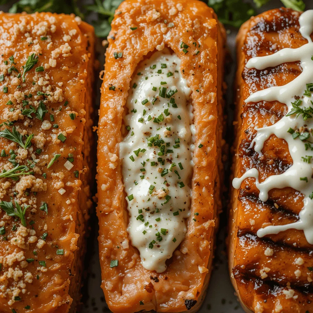 Three gourmet-style salmon dishes: one with a crispy cream cheese crust, another stuffed with cheese and herbs, and a grilled fillet with a creamy drizzle.