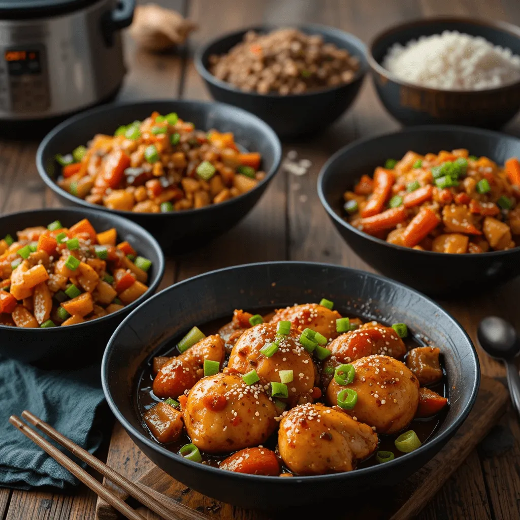 Slow-cooked chicken breast with soy sauce, ginger, and vegetables, served in an Asian-inspired style.