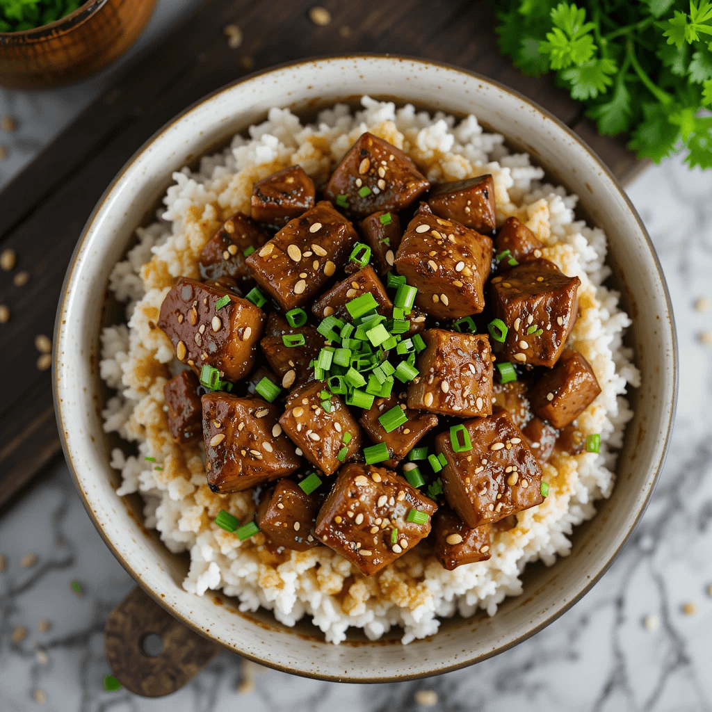 Asian-inspired slow-cooked diced beef in a soy sauce-based sauce, garnished with sesame seeds, cilantro, and green onions, served with rice.