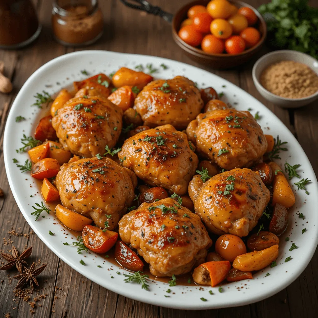 A beautifully baked dish of skinless boneless chicken thighs on a rustic wooden table, garnished with fresh herbs and roasted vegetables, surrounded by aromatic spices and a stylish serving platter.