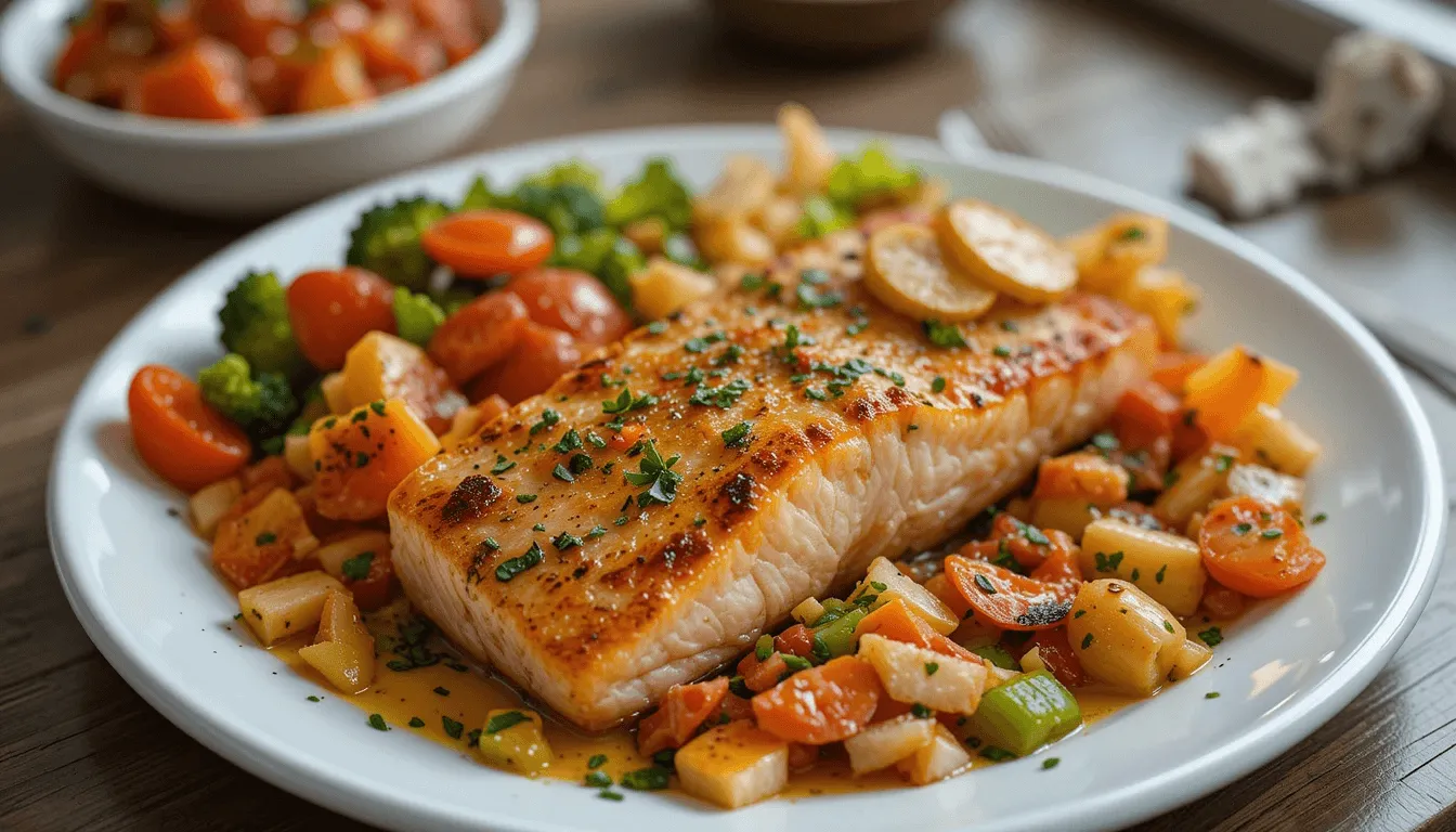 Simple and nutritious baked salmon served with fresh vegetables and herbs on a rustic kitchen counter, ready for a healthy meal.