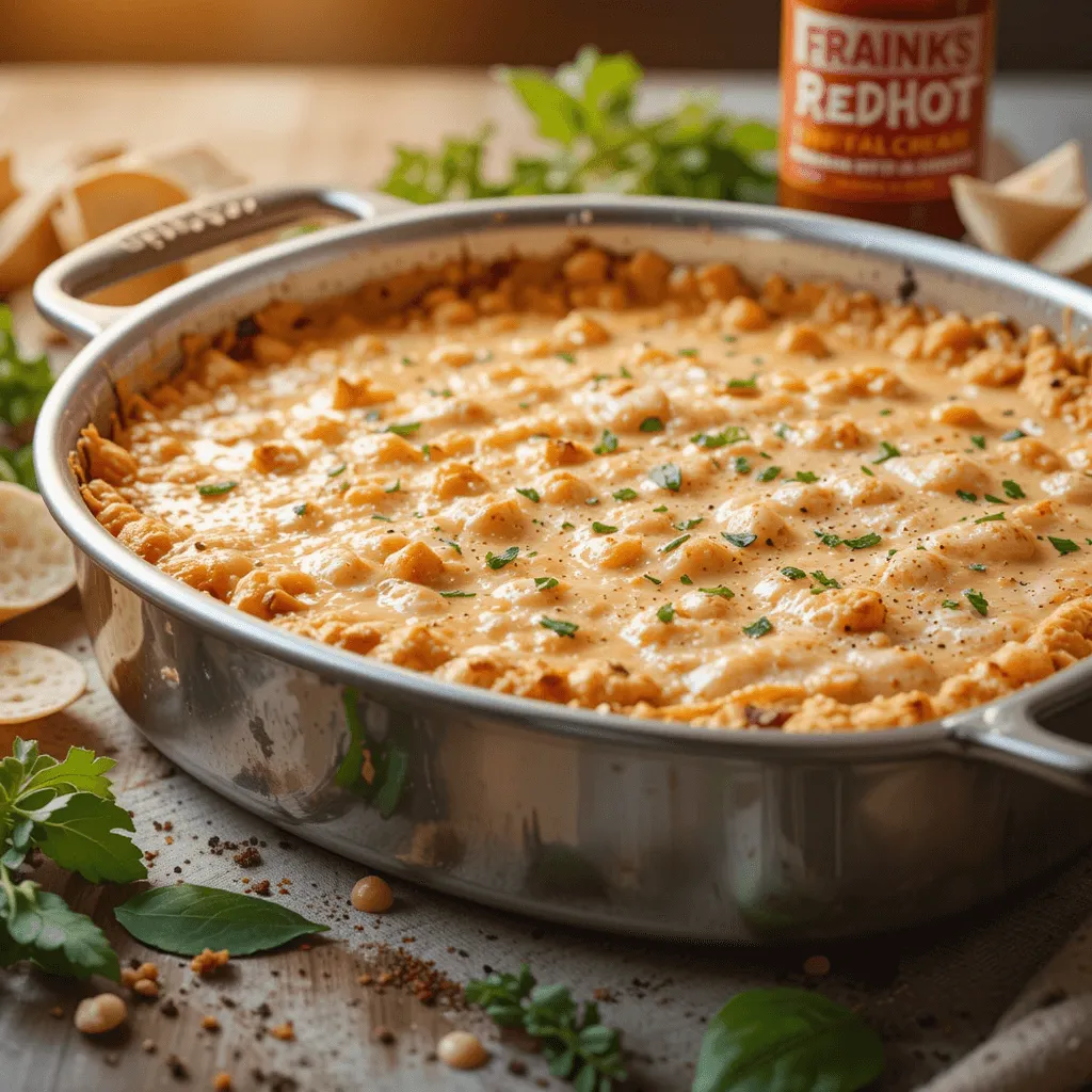 Baking dish with bubbling Frank's RedHot Buffalo Chicken Dip, golden-brown edges, creamy texture, and fresh herbs, illuminated warmly.