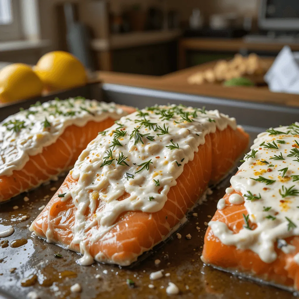 Salmon fillets covered with a creamy cream cheese, garlic, lemon, and dill mixture, ready for baking.