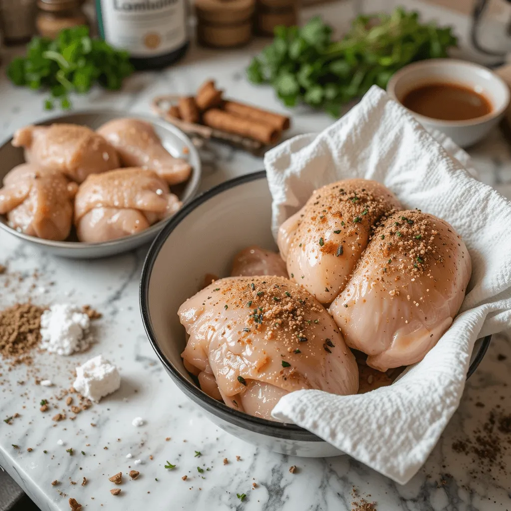 Preparing chicken thighs with seasoning, drying, and marinating for a flavorful and tender dish.