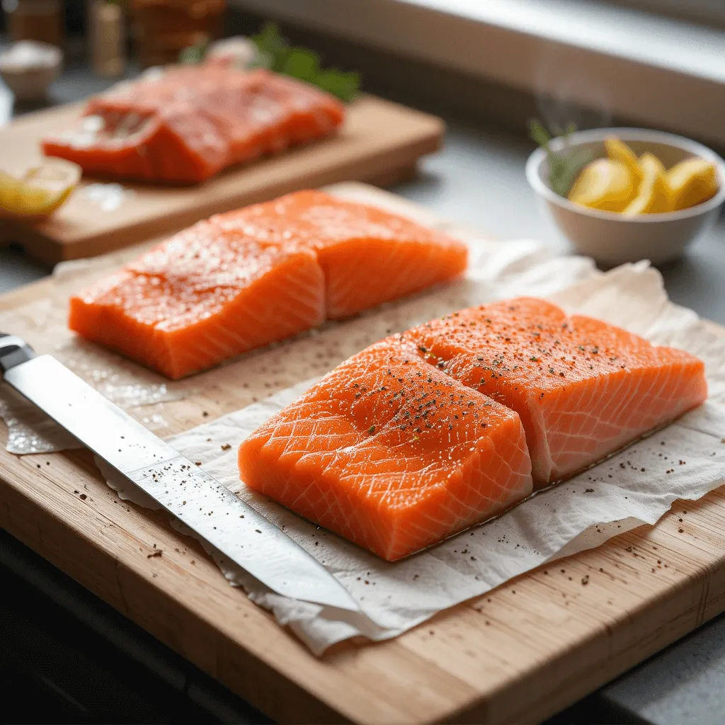 Step-by-step salmon preparation, including cleaning, scaling, and filleting, on a wooden cutting board with fresh ingredients.