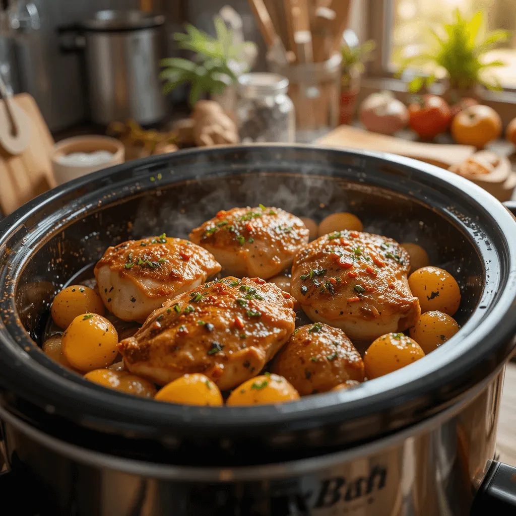 Slow cooker chicken breast and potatoes garnished with fresh herbs, set on a warm wooden countertop with soft morning light.