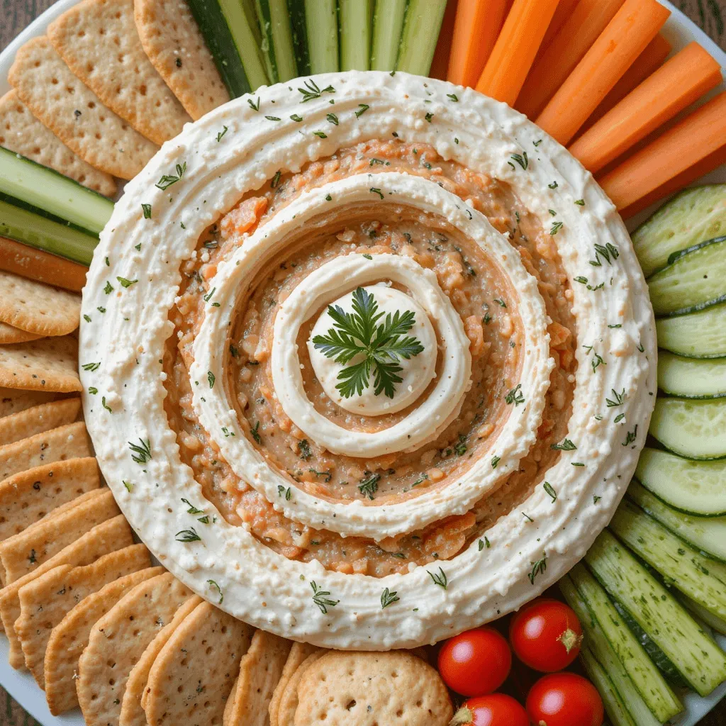 Smoked salmon dip served with wheat thins, water crackers, fresh cucumber and carrot slices, cherry tomatoes, and herbs like parsley and dill for variety.