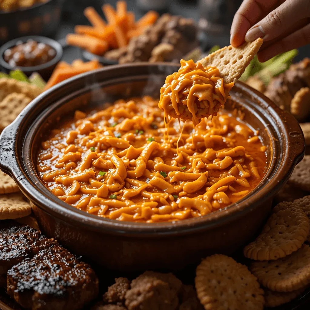 Buffalo chicken dip in a crock pot with melted cheese, surrounded by celery, carrots, and crackers, under warm lighting.