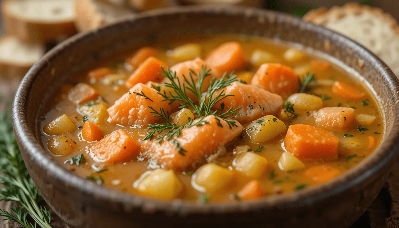 A rustic bowl of Finnish Salmon Soup with fresh salmon, carrots, and dill, accompanied by crusty bread and set in a warm, inviting kitchen.