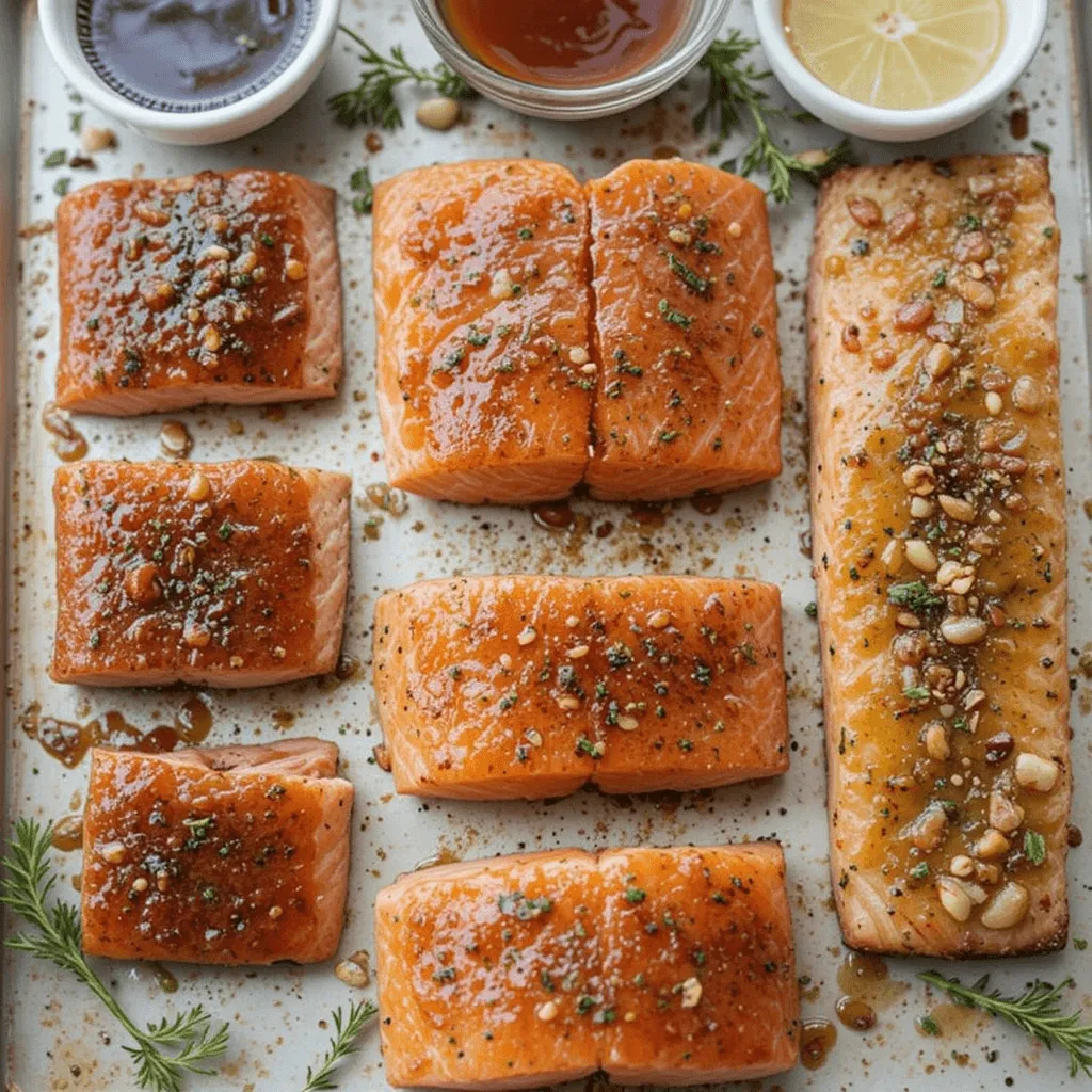 Salmon fillets marinated with classic, Asian-inspired, and Mediterranean glazes, showcasing different flavor profiles.