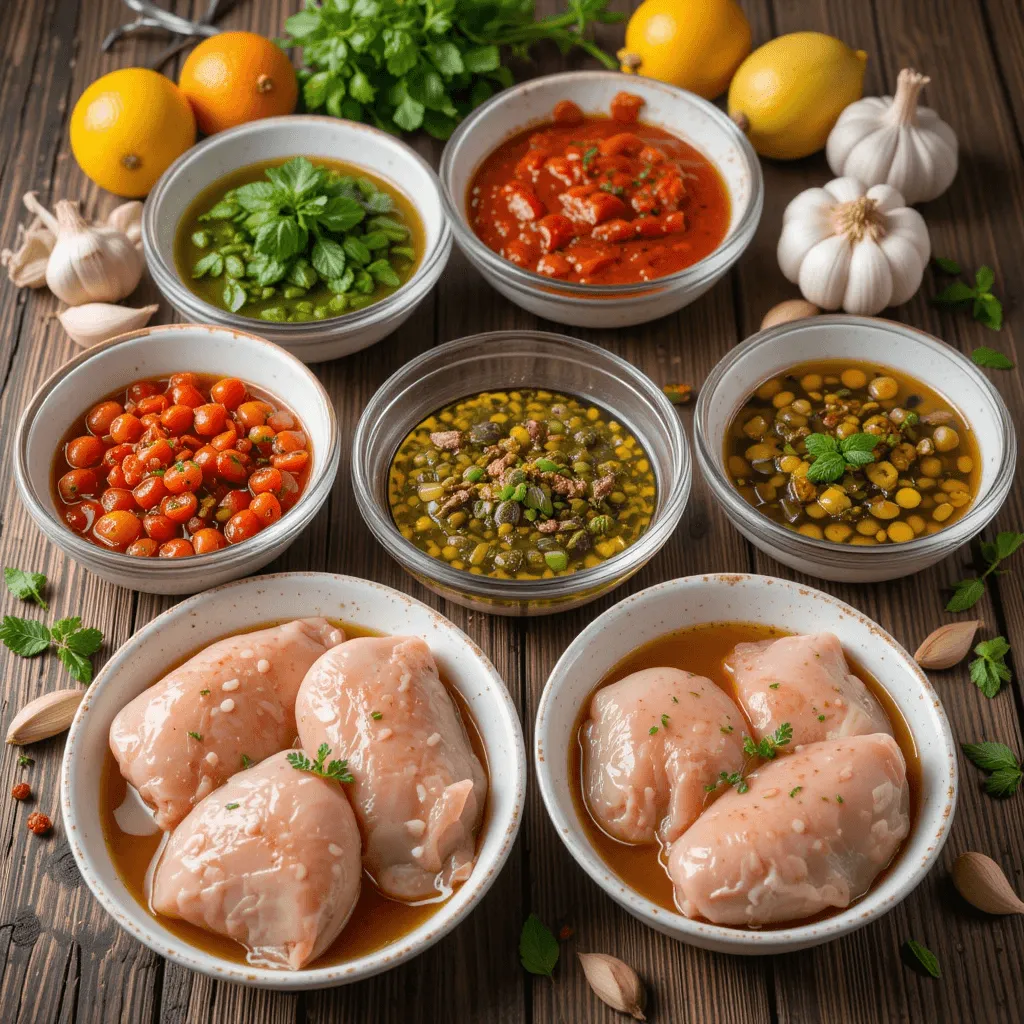 A rustic wooden table showcasing various marinades for skinless boneless chicken thighs, with fresh herbs, spices, citrus, garlic, and olive oil in small bowls. Raw chicken thighs soak in the marinades in the foreground.