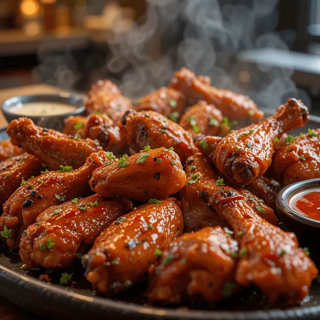 Oven-baked chicken wings with three different seasoning styles: Buffalo, Sweet and Sour, and BBQ, garnished with fresh herbs and dipping sauces.